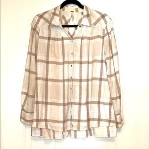Free People Peppy in Plaid Button-Up Shirt-Medium, Oversized, Hi/Low Hem-Ruffle